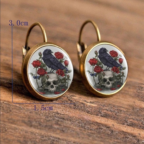 💥RESTOCKED💥Nevermore Raven and Skull Drop Dangle Earrings, Poe - Picture 2 of 2